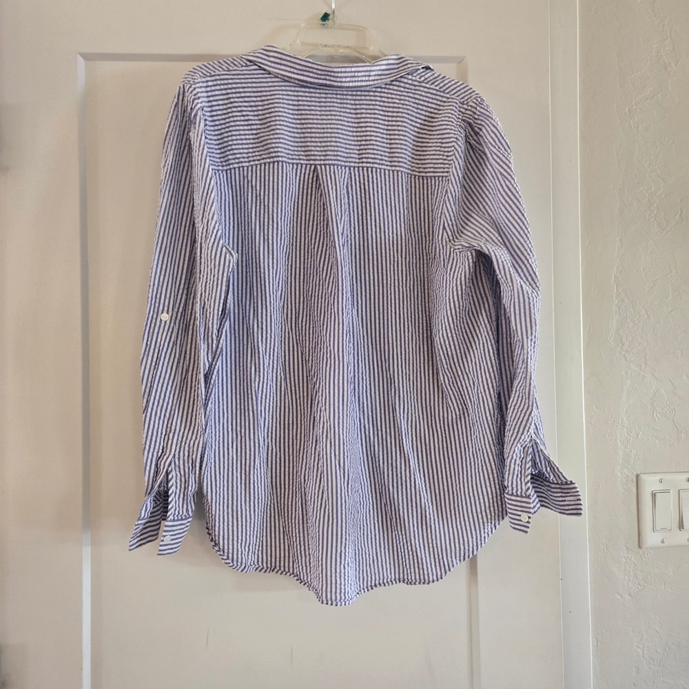 NYDJ Blouse Womens XL Blue White Striped Seersucker Henley Roll Tab Shirt Top - Picture 3 of 11